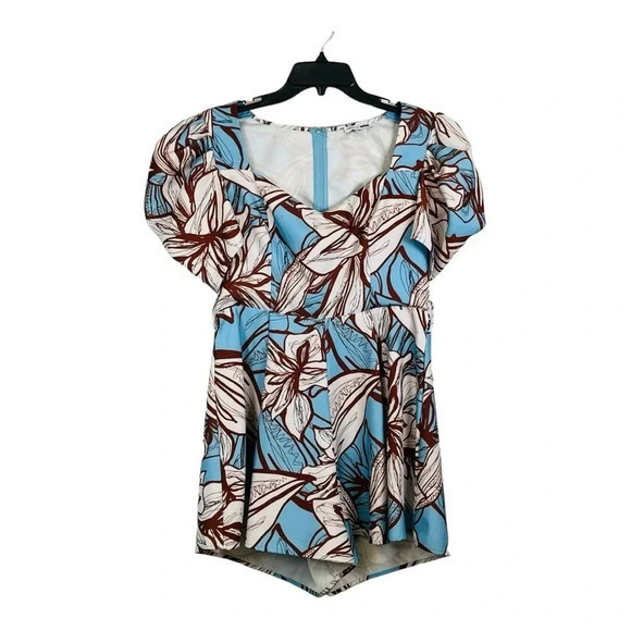 Floral Puff Sleeve Romper Blue Brown Boho Chic Cottagecore Women Size Large - Picture 2 of 6